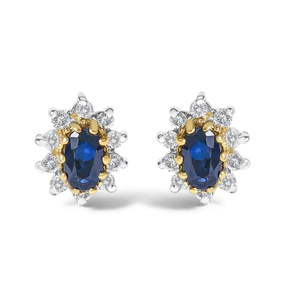 Blue sapphire & diamond sunburst halo stud earrings in 14k yellow gold – 1/4 cttw bijoux-nyc direct