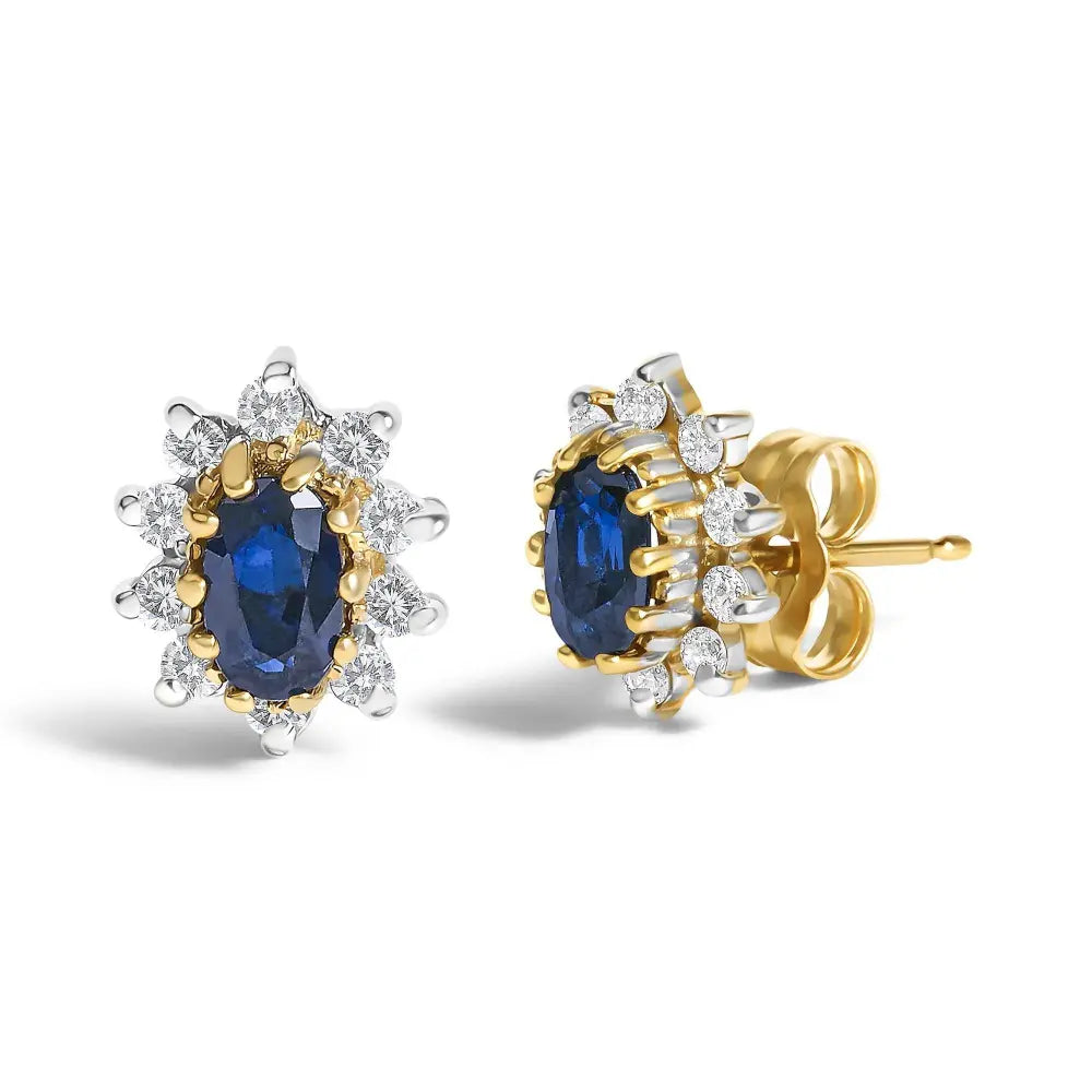 14K Yellow Gold 1/4 Cttw Diamond and Blue Sapphire Sunburst Halo Stud Earrings (K-L Color, I1-I2 Clarity) - Bijoux-NYC Direct