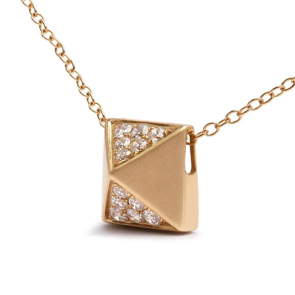 14K Yellow Gold 1/4 Cttw Diamond Matte Finished Pyramid Pendant Necklace (G-H Color, SI1-SI2 Clarity) - 18 Inches - Bijoux-NYC Direct