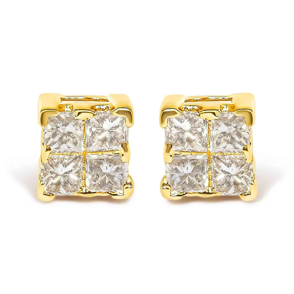 14K Yellow Gold 1/4 Cttw Invisible Set Princess-Cut Diamond Square Stud Earring (J-K Color, I1-I2 Clarity) - Bijoux-NYC Direct