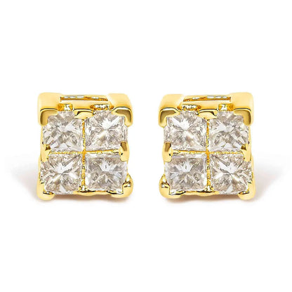 14K Yellow Gold 1/4 Cttw Invisible Set Princess-Cut Diamond Square Stud Earring (J-K Color, I1-I2 Clarity) - Bijoux-NYC Direct