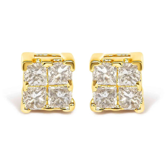 14K Yellow Gold 1/4 Cttw Invisible Set Princess-Cut Diamond Square Stud Earring (J-K Color, I1-I2 Clarity) - Bijoux-NYC Direct