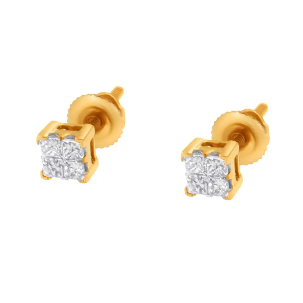 14k yellow gold 1/4 cttw invisible princess cut diamond stud earrings bijoux-nyc direct