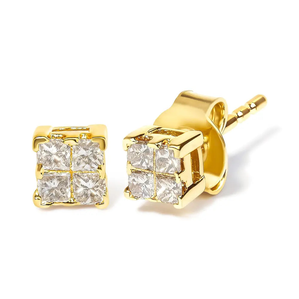14k yellow gold 1/4 cttw invisible princess cut diamond stud earrings bijoux-nyc direct
