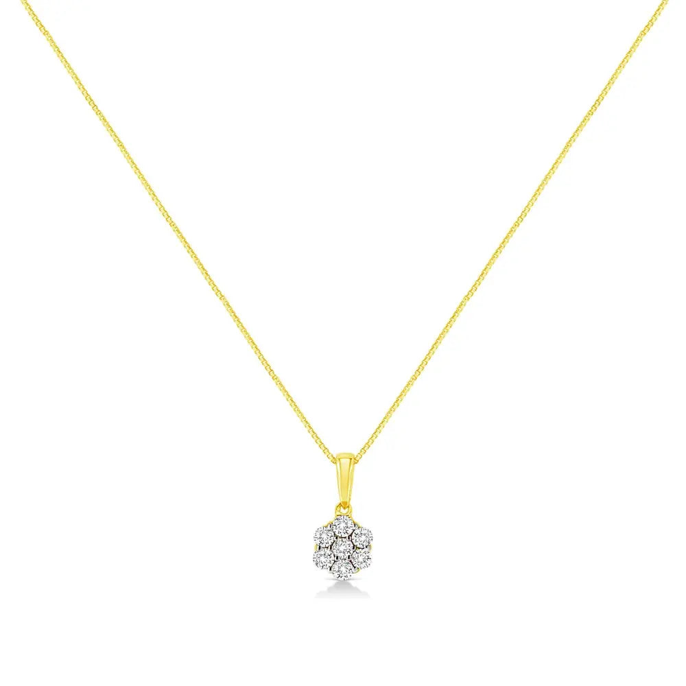 14K Yellow Gold 1/4 Cttw Prong Set Round-Cut Diamond 7 Stone Floral Cluster 18" Pendant Necklace (H-I Color, I1-I2 Clarity) - Bijoux-NYC Direct