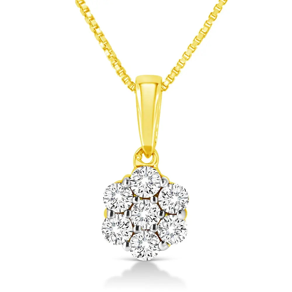 14K Yellow Gold 1/4 Cttw Prong Set Round-Cut Diamond 7 Stone Floral Cluster 18" Pendant Necklace (H-I Color, I1-I2 Clarity) - Bijoux-NYC Direct