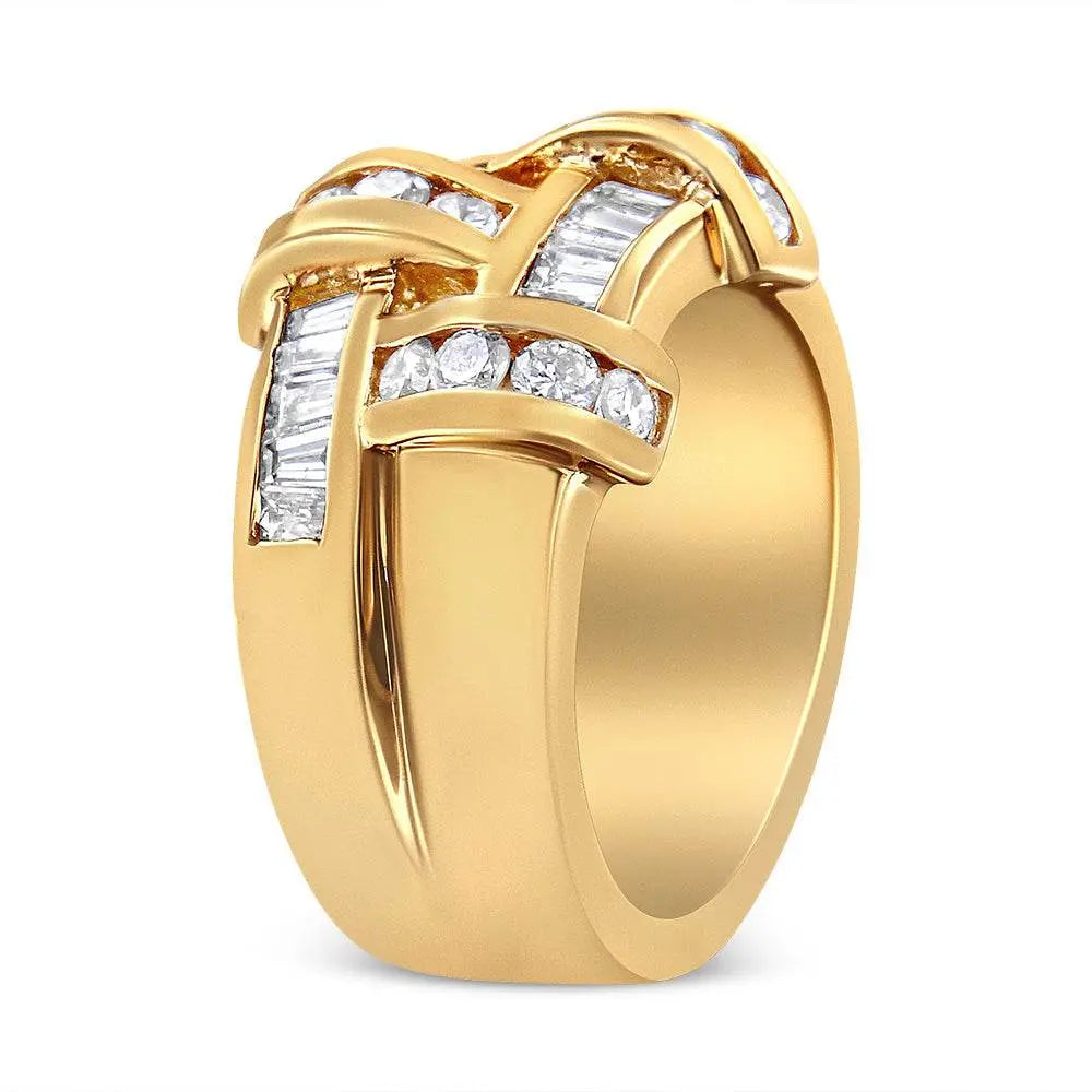 14K Yellow Gold 1 5/8 Cttw Round and Baguette Diamond Lattice Grid Design Ring Band (H-I Color, VS2-SI1 Clarity) - Ring Size 6 - Bijoux-NYC Direct