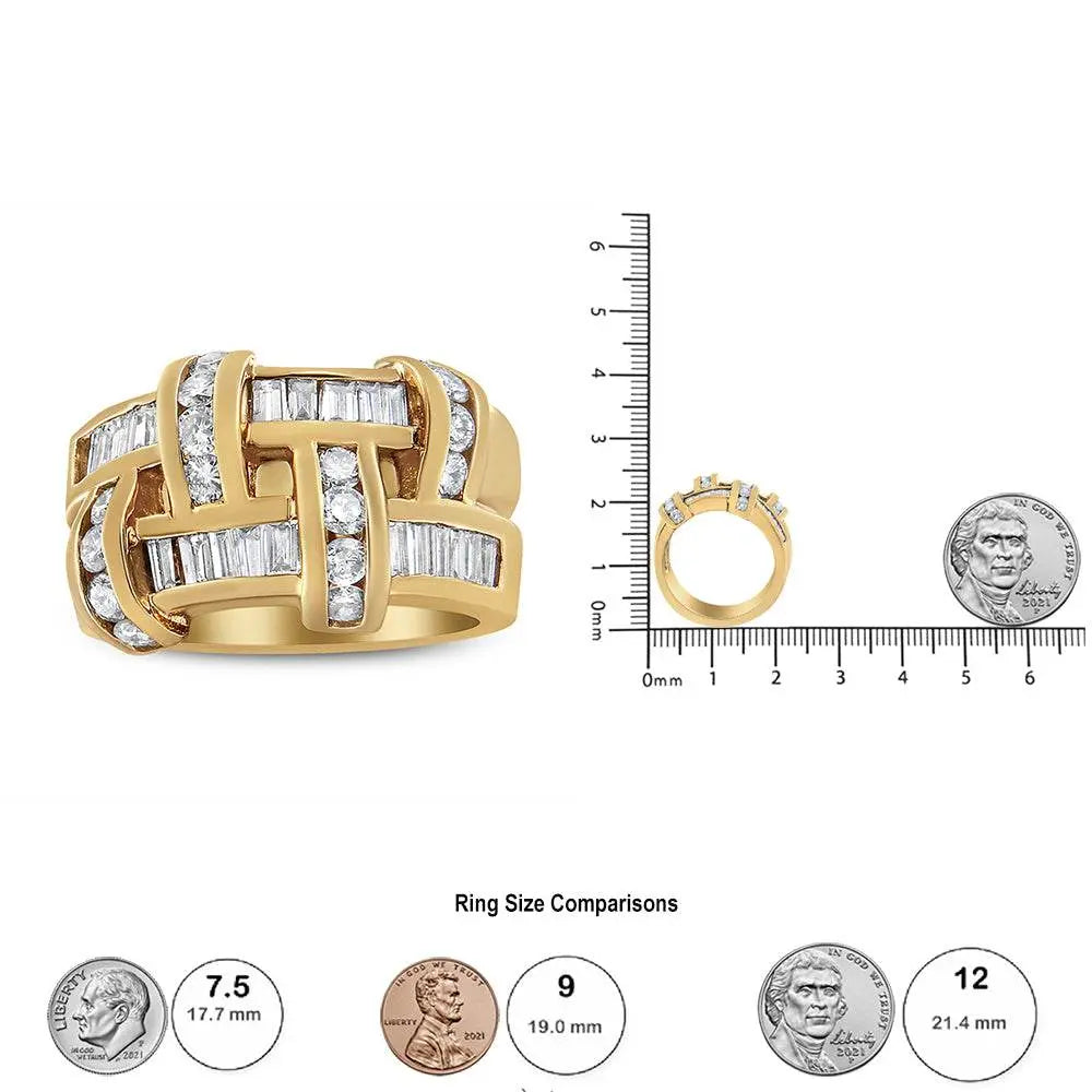 14K Yellow Gold 1 5/8 Cttw Round and Baguette Diamond Lattice Grid Design Ring Band (H-I Color, VS2-SI1 Clarity) - Ring Size 6 - Bijoux-NYC Direct