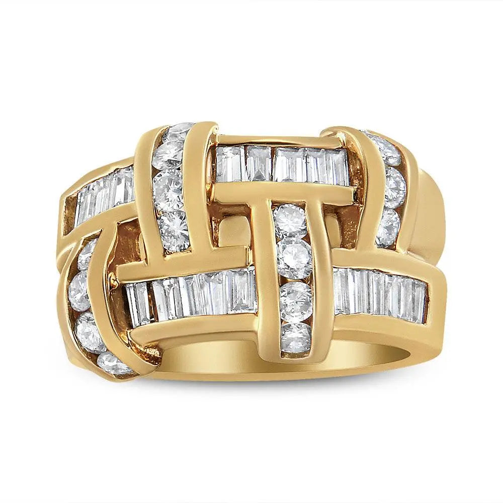 14K Yellow Gold 1 5/8 Cttw Round and Baguette Diamond Lattice Grid Design Ring Band (H-I Color, VS2-SI1 Clarity) - Ring Size 6 - Bijoux-NYC Direct