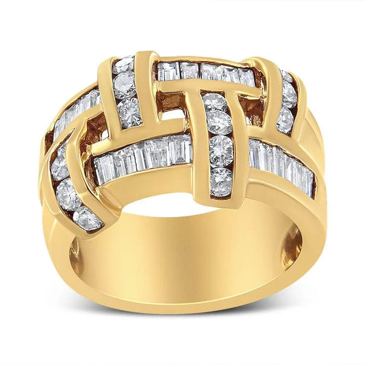 14K Yellow Gold 1 5/8 Cttw Round and Baguette Diamond Lattice Grid Design Ring Band (H-I Color, VS2-SI1 Clarity) - Ring Size 6 - Bijoux-NYC Direct