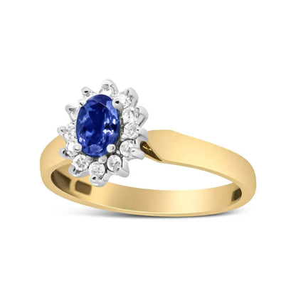 14K Yellow Gold 1/5 Cttw Round Diamond and 6x4mm Oval Blue Tanzanite Halo Ring (H-I Color, I1-I2 Clarity) - Bijoux-NYC Direct