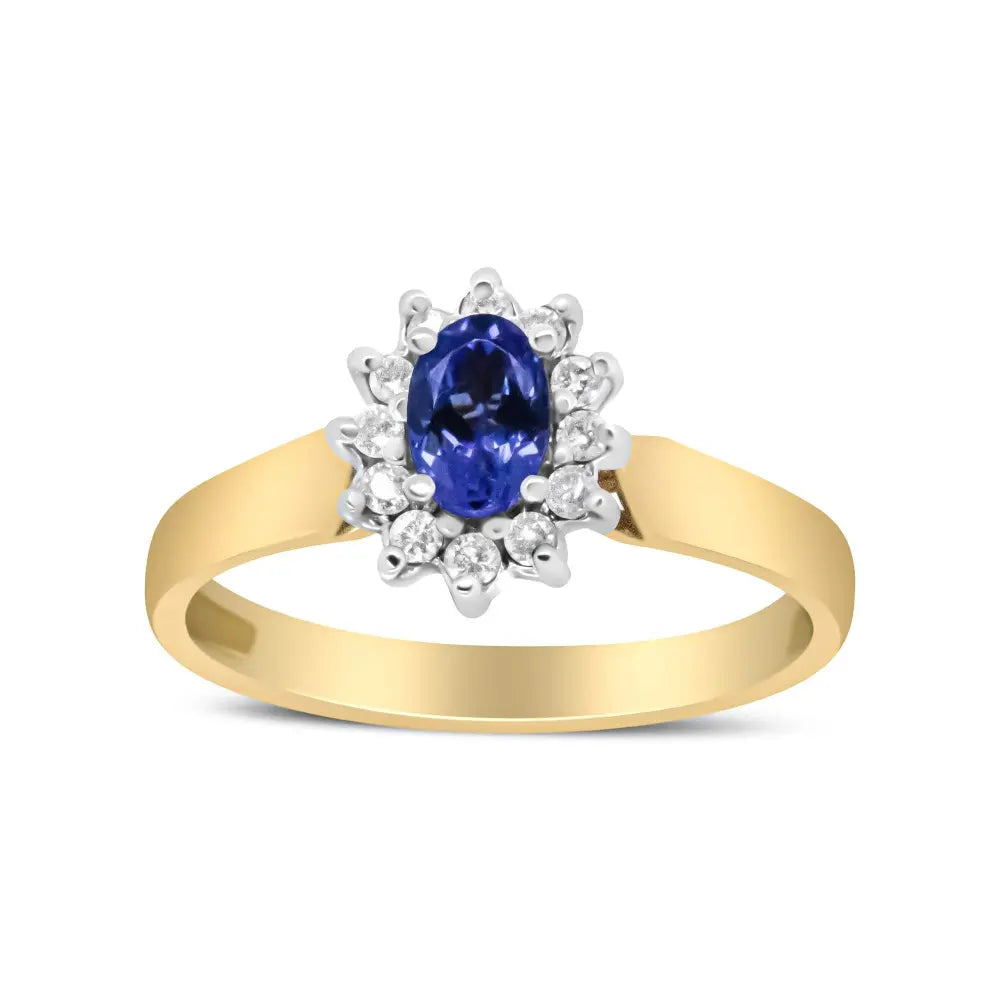 14K Yellow Gold 1/5 Cttw Round Diamond and 6x4mm Oval Blue Tanzanite Halo Ring (H-I Color, I1-I2 Clarity) - Bijoux-NYC Direct