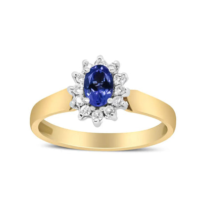 14K Yellow Gold 1/5 Cttw Round Diamond and 6x4mm Oval Blue Tanzanite Halo Ring (H-I Color, I1-I2 Clarity) - Bijoux-NYC Direct