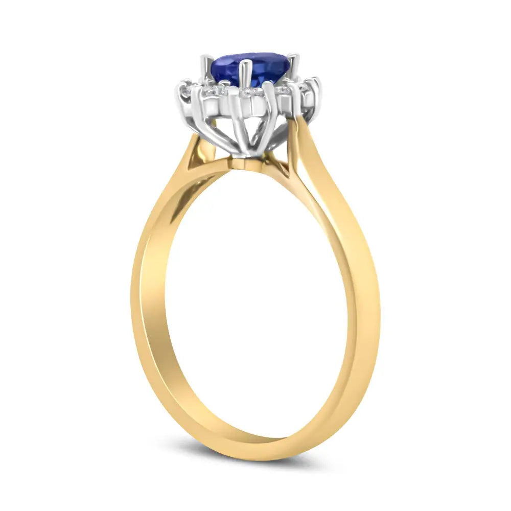 14K Yellow Gold 1/5 Cttw Round Diamond and 6x4mm Oval Blue Tanzanite Halo Ring (H-I Color, I1-I2 Clarity) - Bijoux-NYC Direct