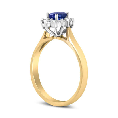14K Yellow Gold 1/5 Cttw Round Diamond and 6x4mm Oval Blue Tanzanite Halo Ring (H-I Color, I1-I2 Clarity) - Bijoux-NYC Direct
