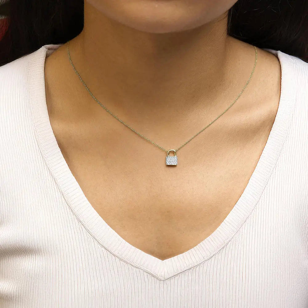 14k yellow gold 1/6 cttw diamond lock pendant 18’’ necklace (i j color i1 i2 clarity) necklaces/pendant/pendant handcrafted