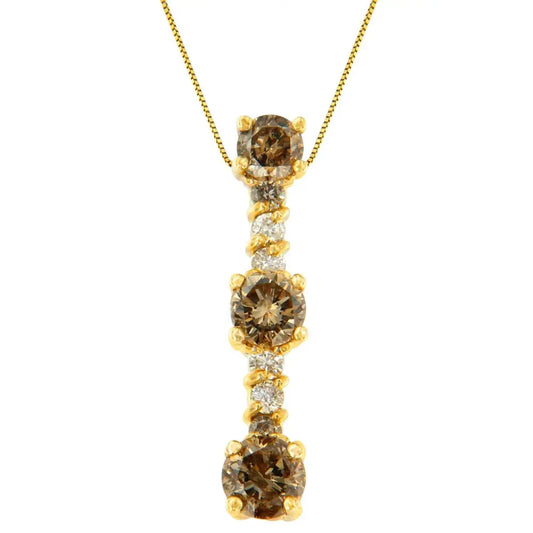 14K Yellow Gold 1 cttw White and Champagne Round Cut Diamond Drop Pendant Necklace (I-J, I1-I2) - Bijoux-NYC Direct