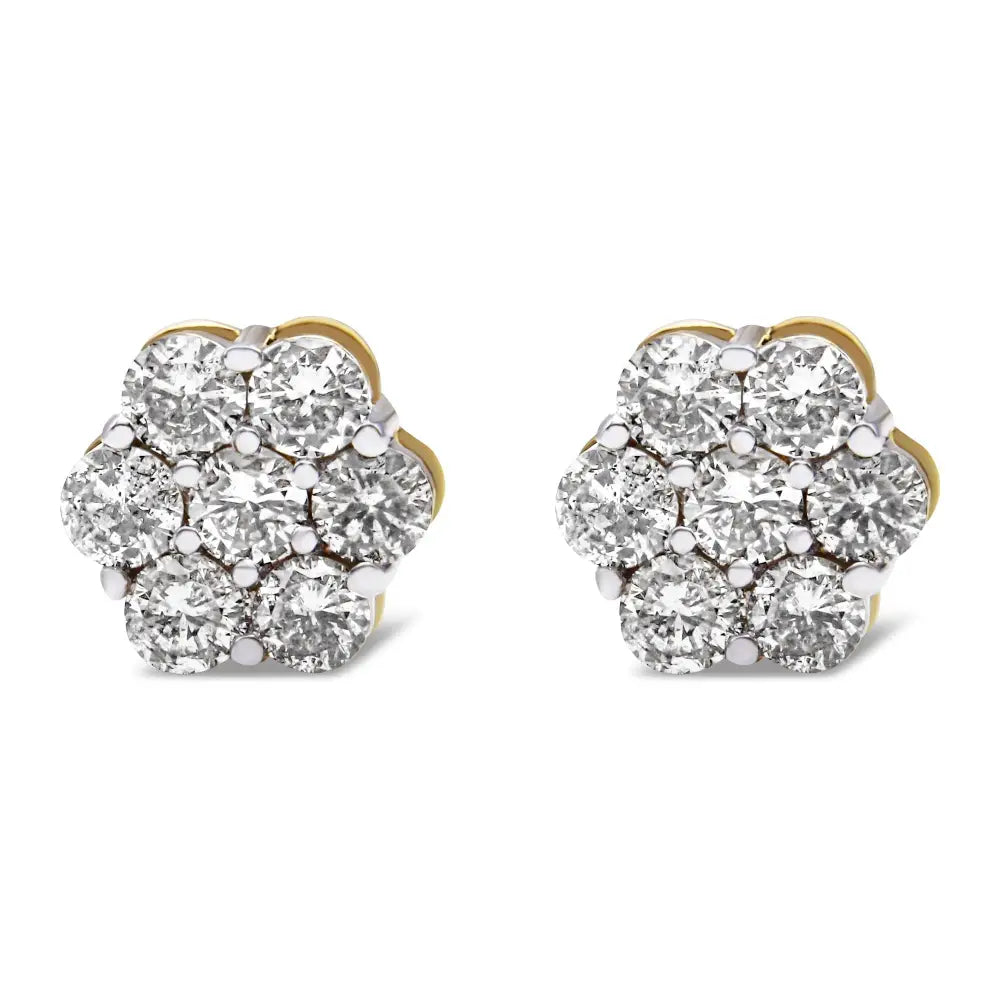14k yellow gold 2.0 cttw diamond floral cluster screw back stud earrings bijoux-nyc direct