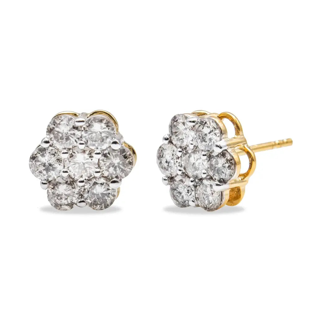 14k yellow gold 2.0 cttw diamond floral cluster screw back stud earrings bijoux-nyc direct