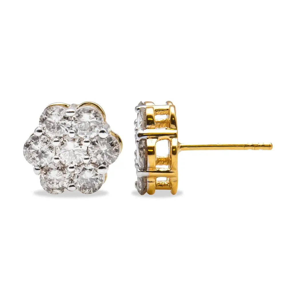 14k yellow gold 2.0 cttw diamond floral cluster screw back stud earrings bijoux-nyc direct