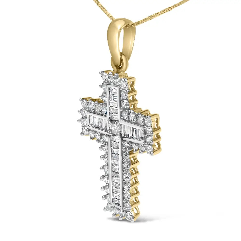 14k yellow gold 2.0 cttw round and baguette diamond cross necklace bijoux-nyc direct