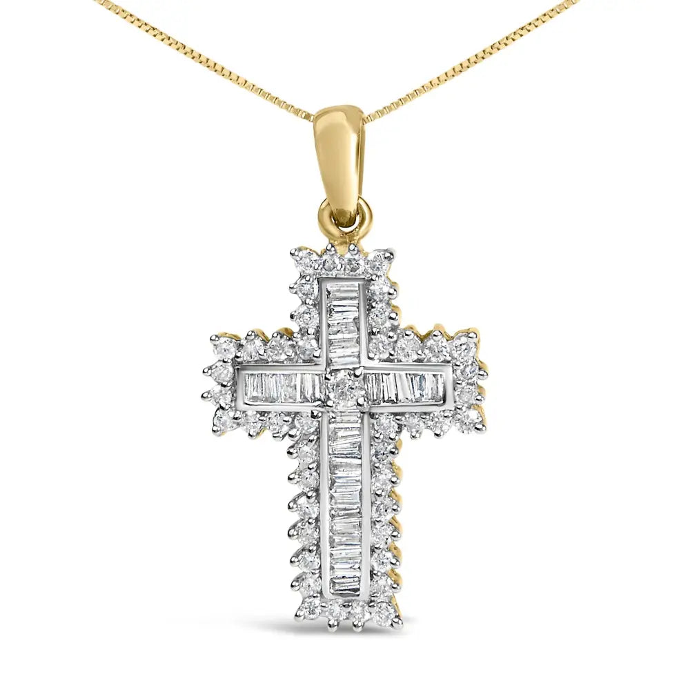 14k yellow gold 2.0 cttw round and baguette diamond cross necklace bijoux-nyc direct