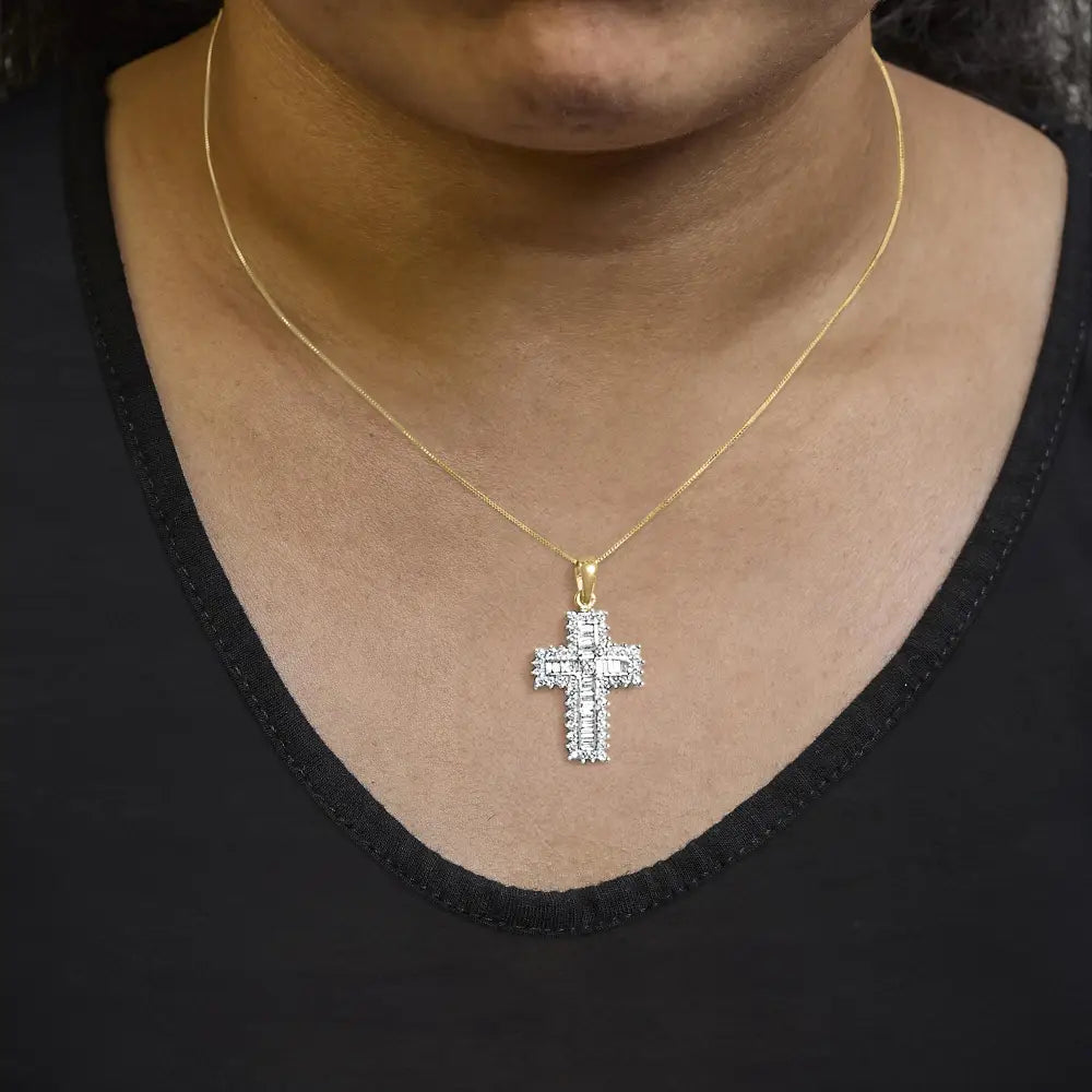14k yellow gold 2.0 cttw round and baguette diamond cross necklace bijoux-nyc direct