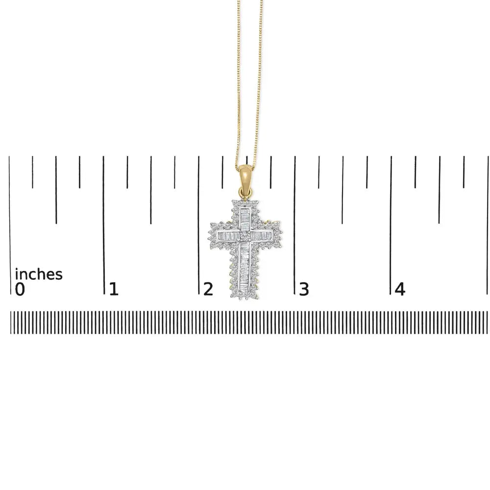 14k yellow gold 2.0 cttw round and baguette diamond cross necklace bijoux-nyc direct
