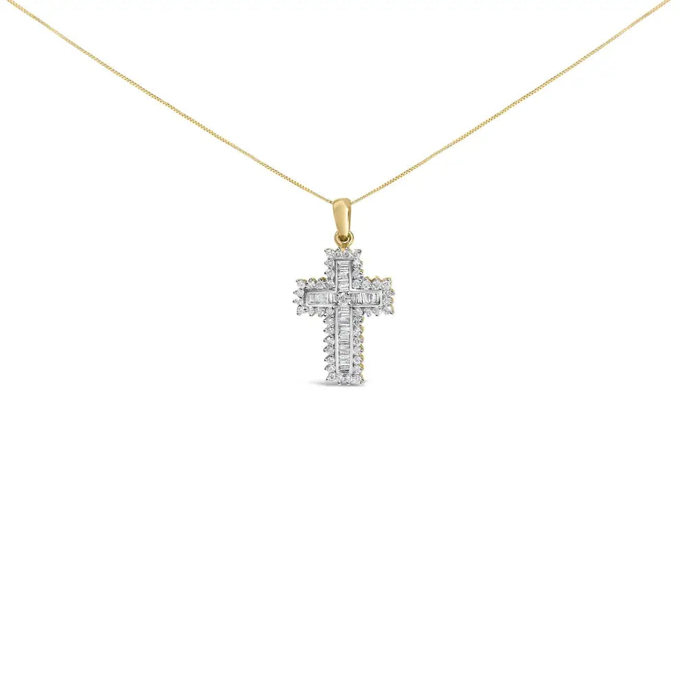 14k yellow gold 2.0 cttw round and baguette diamond cross necklace bijoux-nyc direct