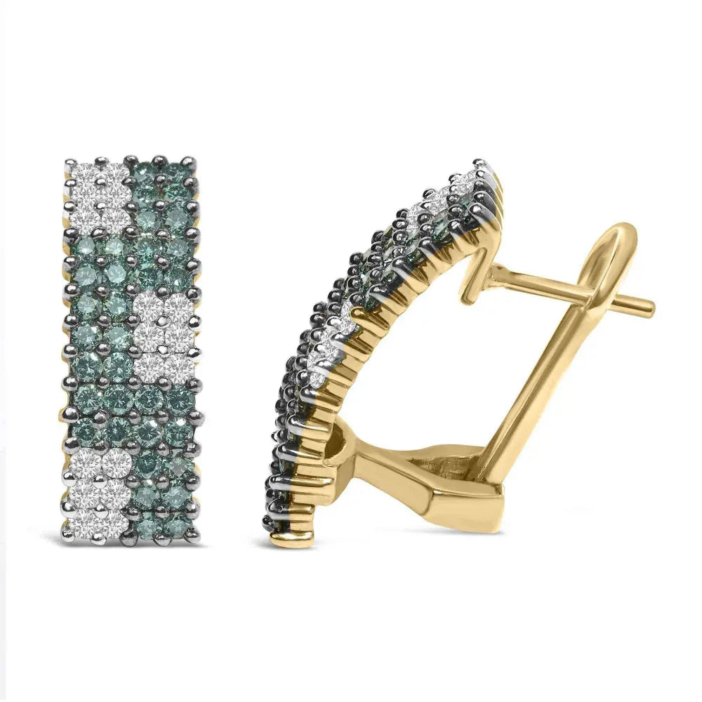14K Yellow Gold 2.00 Cttw White and Treated Blue Diamond Four-Row Pavé Omegaback Earrings (H-I Color, SI1-SI2 Clarity) - Bijoux-NYC Direct
