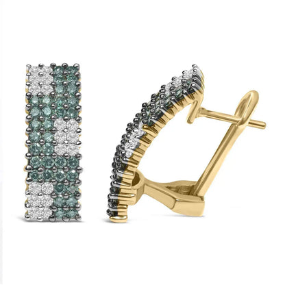 14K Yellow Gold 2.00 Cttw White and Treated Blue Diamond Four-Row Pavé Omegaback Earrings (H-I Color, SI1-SI2 Clarity) - Bijoux-NYC Direct