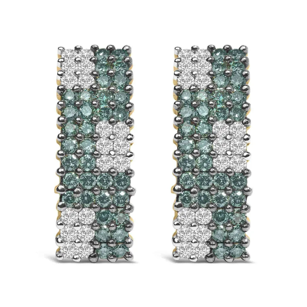 14K Yellow Gold 2.00 Cttw White and Treated Blue Diamond Four-Row Pavé Omegaback Earrings (H-I Color, SI1-SI2 Clarity) - Bijoux-NYC Direct
