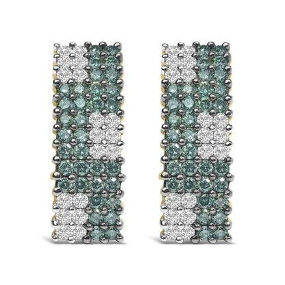 14K Yellow Gold 2.00 Cttw White and Treated Blue Diamond Four-Row Pavé Omegaback Earrings (H-I Color, SI1-SI2 Clarity) - Bijoux-NYC Direct