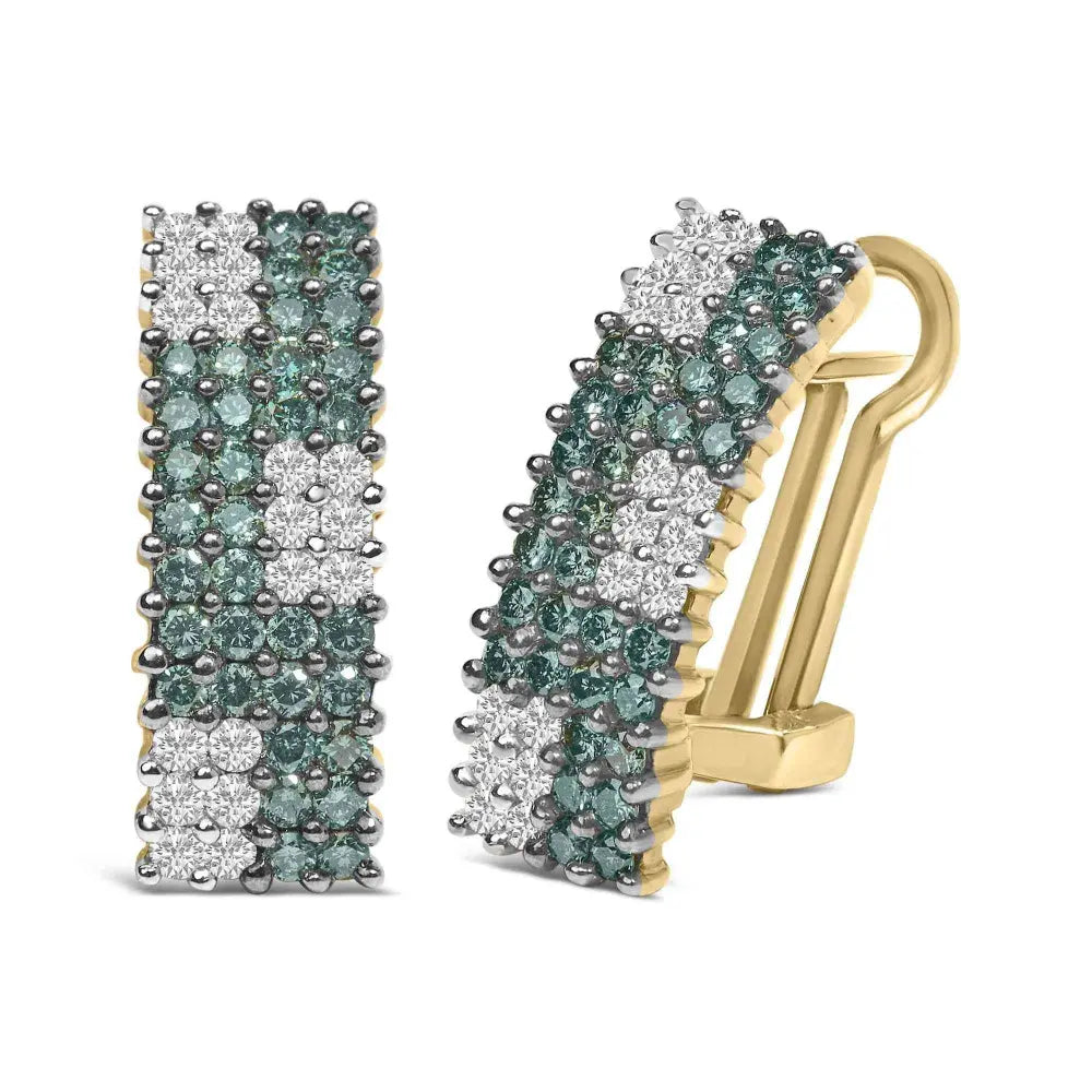 14K Yellow Gold 2.00 Cttw White and Treated Blue Diamond Four-Row Pavé Omegaback Earrings (H-I Color, SI1-SI2 Clarity) - Bijoux-NYC Direct
