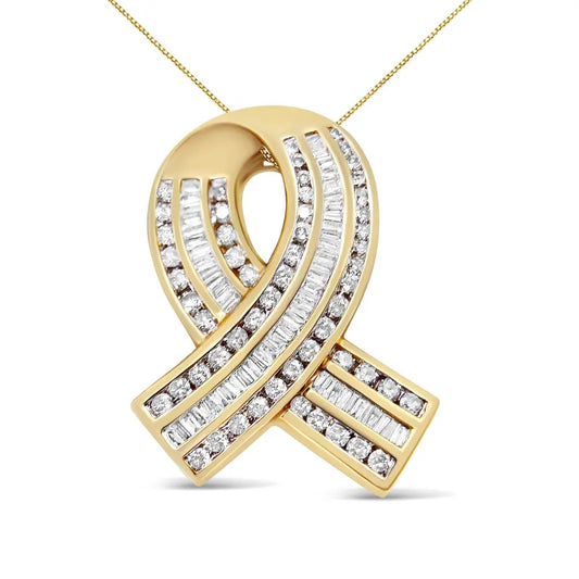 14K Yellow Gold 2 5/8 cttw Channel Set White Diamond Awareness Ribbon Pendant Necklace (G-H Color, VS1-VS2 Clarity) - NO CHAIN - Bijoux-NYC Direct
