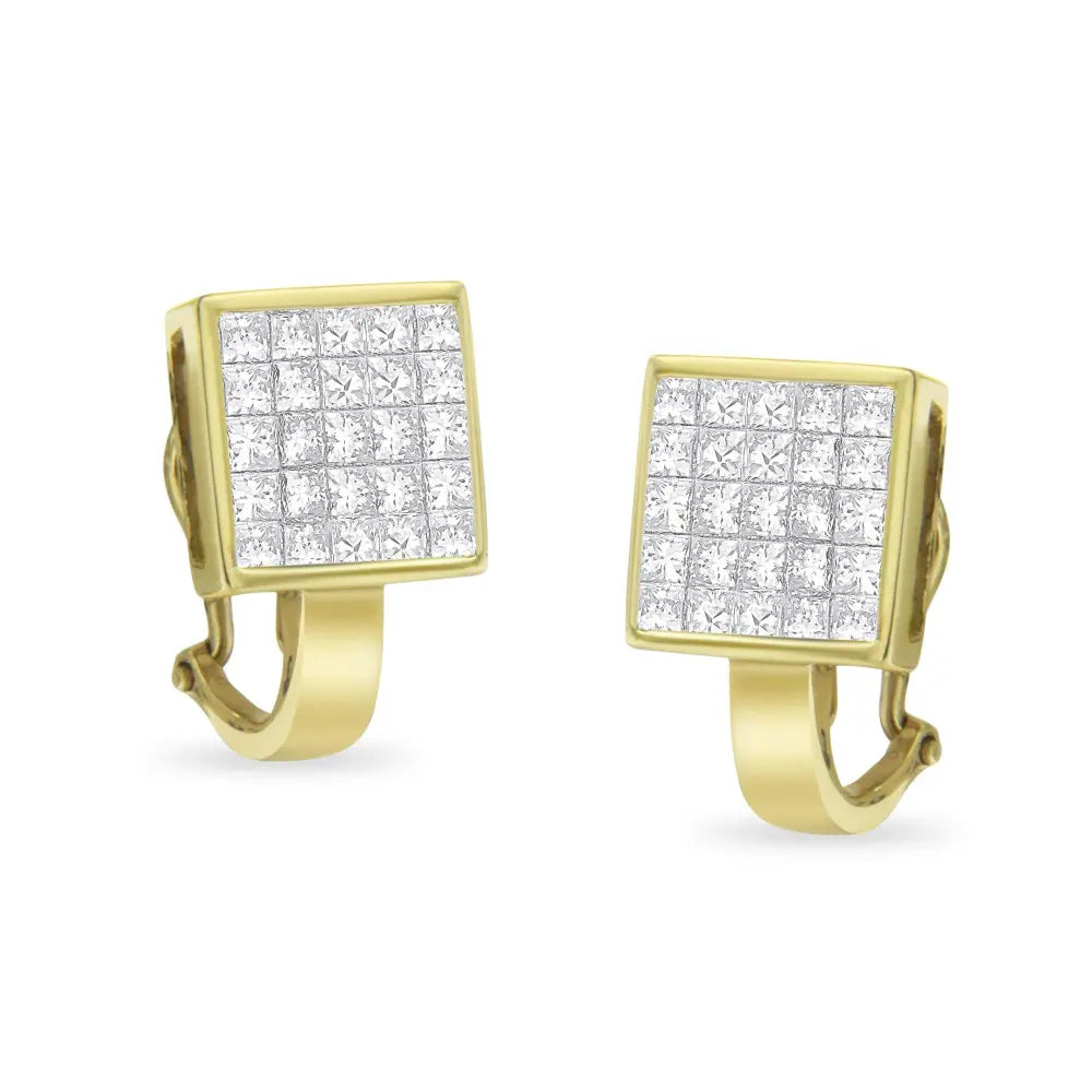 14K Yellow Gold 3-1/5 Cttw Princess Cut Diamond ¾ Square Invisible Set Grid Huggy Style Omega Back Stud Earrings (G-H Color, VS1-VS2 Clarity) - Bijoux-NYC Direct