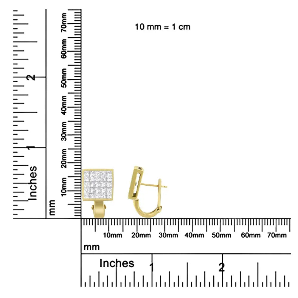 14K Yellow Gold 3-1/5 Cttw Princess Cut Diamond ¾ Square Invisible Set Grid Huggy Style Omega Back Stud Earrings (G-H Color, VS1-VS2 Clarity) - Bijoux-NYC Direct