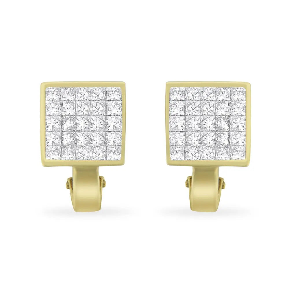14K Yellow Gold 3-1/5 Cttw Princess Cut Diamond ¾ Square Invisible Set Grid Huggy Style Omega Back Stud Earrings (G-H Color, VS1-VS2 Clarity) - Bijoux-NYC Direct