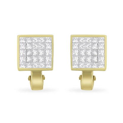 14K Yellow Gold 3-1/5 Cttw Princess Cut Diamond ¾ Square Invisible Set Grid Huggy Style Omega Back Stud Earrings (G-H Color, VS1-VS2 Clarity) - Bijoux-NYC Direct