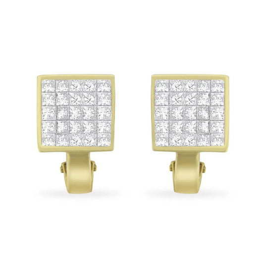 14K Yellow Gold 3-1/5 Cttw Princess Cut Diamond ¾ Square Invisible Set Grid Huggy Style Omega Back Stud Earrings (G-H Color, VS1-VS2 Clarity) - Bijoux-NYC Direct