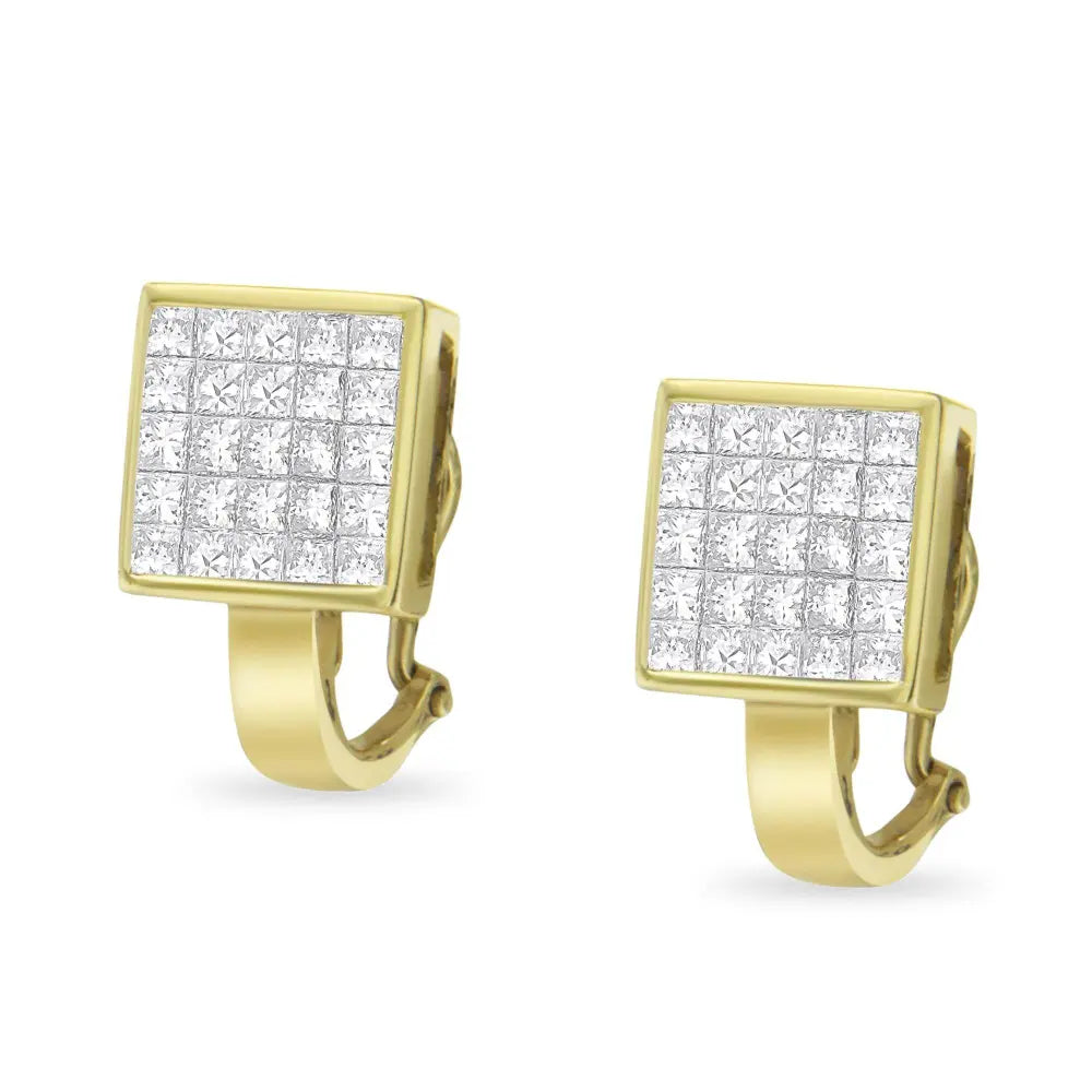 14K Yellow Gold 3-1/5 Cttw Princess Cut Diamond ¾ Square Invisible Set Grid Huggy Style Omega Back Stud Earrings (G-H Color, VS1-VS2 Clarity) - Bijoux-NYC Direct
