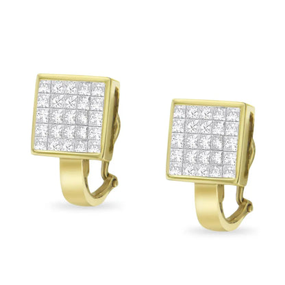 14K Yellow Gold 3-1/5 Cttw Princess Cut Diamond ¾ Square Invisible Set Grid Huggy Style Omega Back Stud Earrings (G-H Color, VS1-VS2 Clarity) - Bijoux-NYC Direct