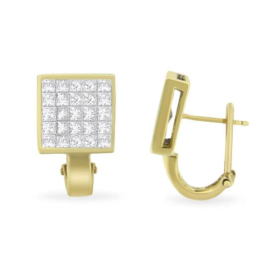 14K Yellow Gold 3-1/5 Cttw Princess Cut Diamond ¾ Square Invisible Set Grid Huggy Style Omega Back Stud Earrings (G-H Color, VS1-VS2 Clarity) - Bijoux-NYC Direct