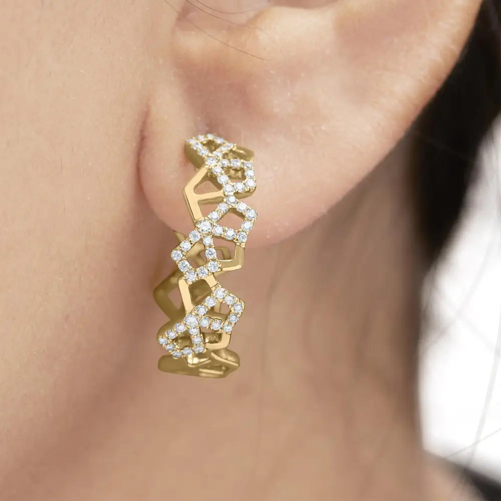 14k yellow gold 3/4 cttw diamond honeycomb hoop earrings 24mm bijoux-nyc direct