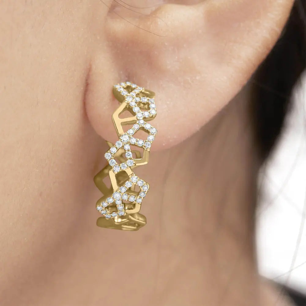 14K Yellow Gold 3/4 Cttw Diamond Honeycomb Hoop Earrings (G-H Color, SI1-SI2 Clarity) - 24MM - Bijoux-NYC Direct