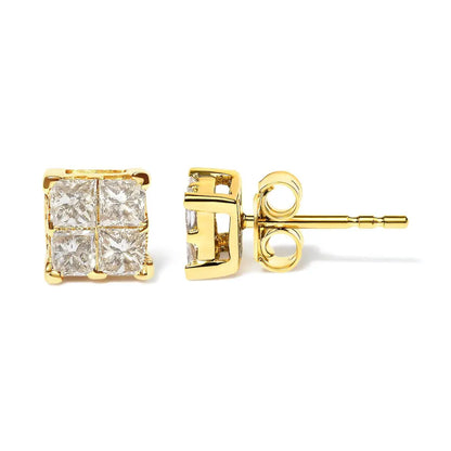 14K Yellow Gold 3/4 Cttw Invisible Set Princess-Cut Diamond 4 Stone Square Stud Earrings (J-K Color, SI2-I1 Clarity) - Bijoux-NYC Direct