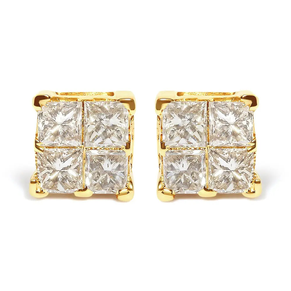 14K Yellow Gold 3/4 Cttw Invisible Set Princess-Cut Diamond 4 Stone Square Stud Earrings (J-K Color, SI2-I1 Clarity) - Bijoux-NYC Direct