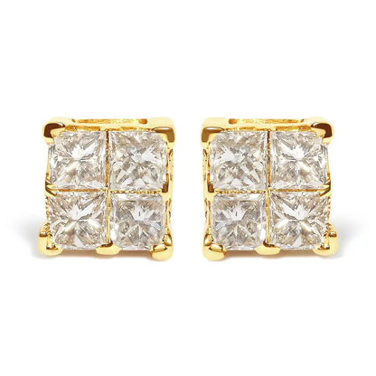 14K Yellow Gold 3/4 Cttw Invisible Set Princess-Cut Diamond 4 Stone Square Stud Earrings (J-K Color, SI2-I1 Clarity) - Bijoux-NYC Direct
