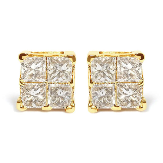 14K Yellow Gold 3/4 Cttw Invisible Set Princess-Cut Diamond 4 Stone Square Stud Earrings (J-K Color, SI2-I1 Clarity) - Bijoux-NYC Direct