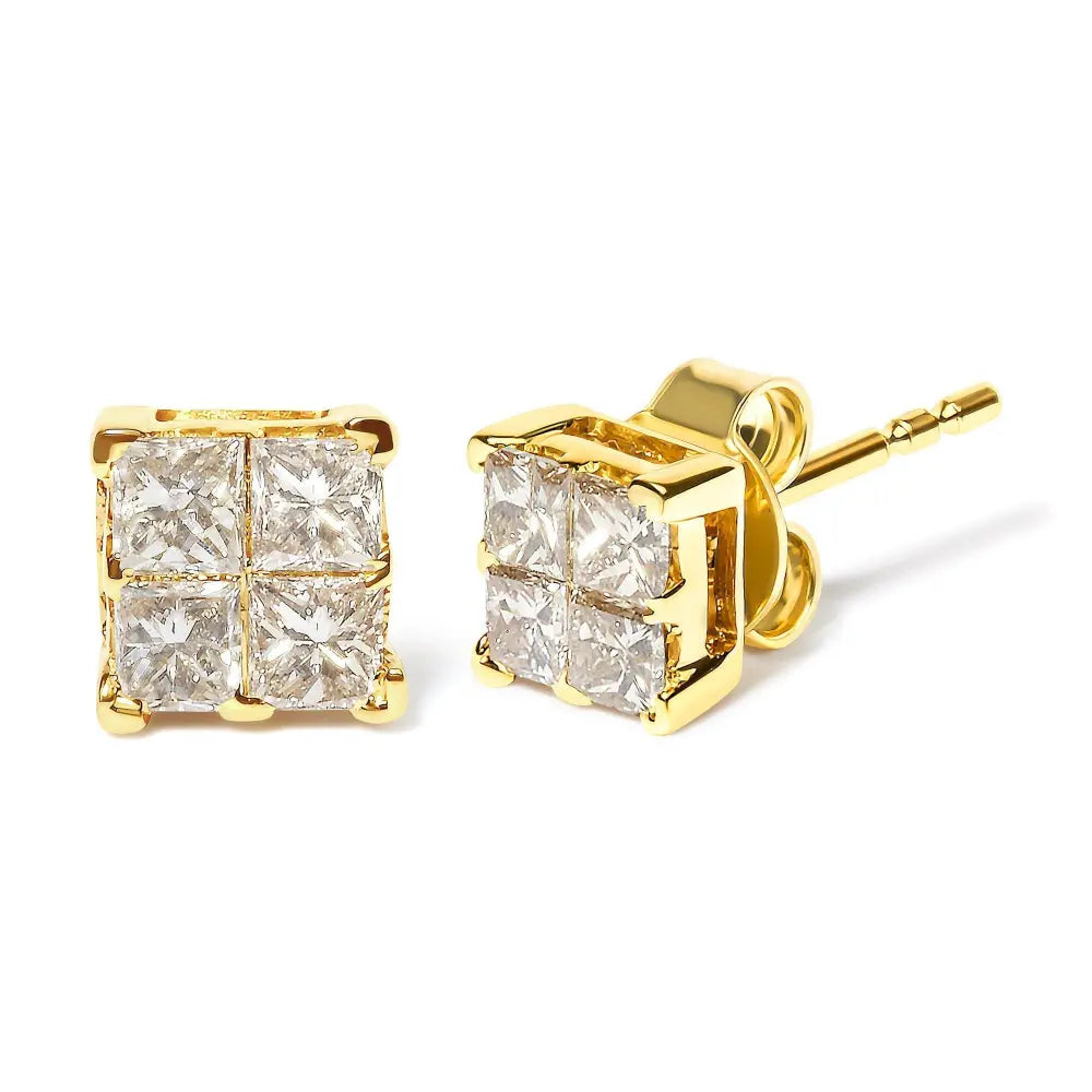 14K Yellow Gold 3/4 Cttw Invisible Set Princess-Cut Diamond 4 Stone Square Stud Earrings (J-K Color, SI2-I1 Clarity) - Bijoux-NYC Direct